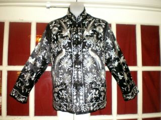 Chinese Vtg - Old Navy Blue Silk Jacket W/embroidered White Birds/flowers Sz M - L