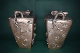 Pair big 19th C Polished gilt bronze square form Chinese vases Xuande seal marks 3