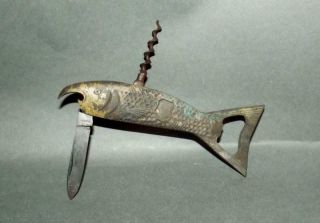 Antique Heavy Brass Fish Bottle Opener Cork Screw Knife Made In Germany