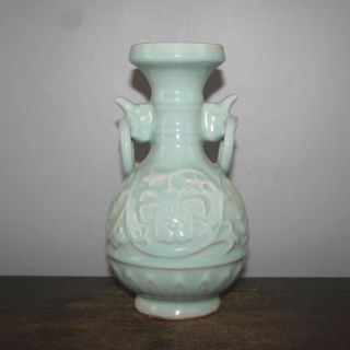 Chinese Old Longquan Kiln Celadon Glaze Carved Flowers Double - Ear Porcelain Vase