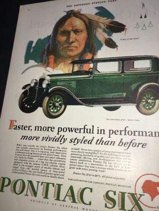 1928 Pontiac Six Indian Chief Auto Car Ad General Motors Color Graphic
