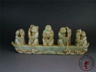 Fine Old Chinese Nephrite Celadon Jade Carved Statue 5 Fairy Boys On Boat
