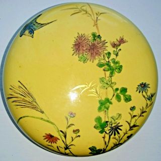 Antique 19th Century Japanese Pottery Round Box With Bird & Flowers 12.  5 Cm Diam