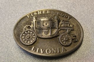 Vintage Cast Metal Gm Fisher Body Livonia (michigan) Advertising Belt Buckle