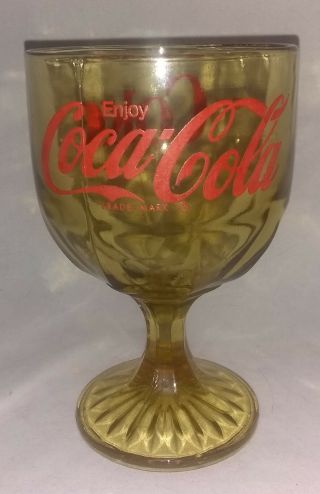 Vintage Enjoy Coca - Cola Coke Goblet Amber Yellow Glass With Red Lettering Euc