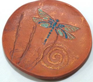 Dragonfly Pottery Art Decorative Plate Artisan Handcrafted Clay Glitter 4.  5 Inch
