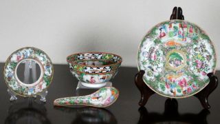 Group Of Four (4) Antique Chinese Export Famille Rose Medallion Plate,  Spoon,