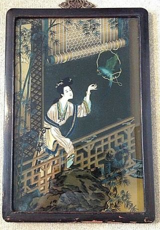 Antique Chinese Reverse Painting On Glass Girl Feeding A Parrott Subject