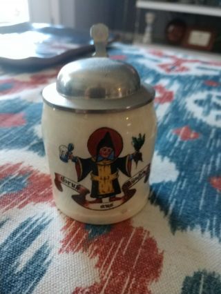 Antique German Mini Lidded Beer Stein/mug Gruss Aus Munchen Pottery And Pewter