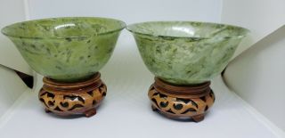 Vintage Hand - Carved Spinach Green Nephrite Jade Bowls W/wood Stand Chinese.