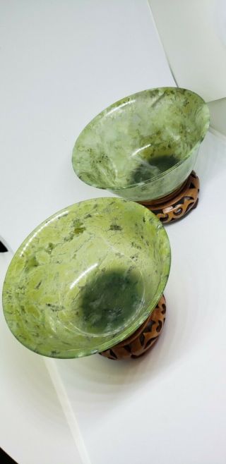 Vintage Hand - Carved Spinach Green Nephrite Jade Bowls w/Wood Stand Chinese. 2