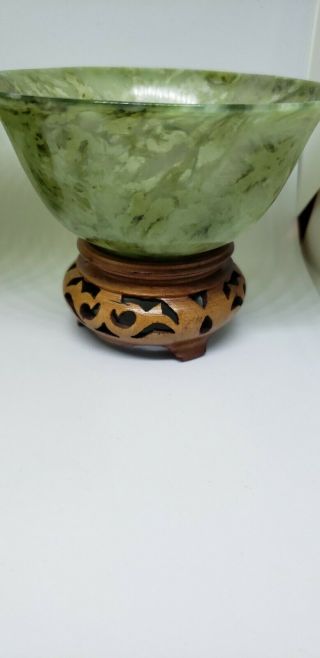 Vintage Hand - Carved Spinach Green Nephrite Jade Bowls w/Wood Stand Chinese. 5