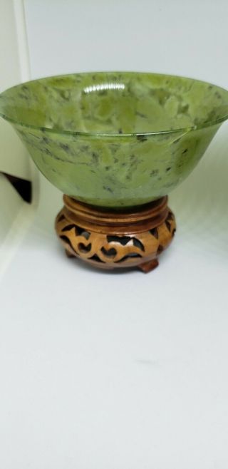 Vintage Hand - Carved Spinach Green Nephrite Jade Bowls w/Wood Stand Chinese. 6