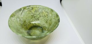 Vintage Hand - Carved Spinach Green Nephrite Jade Bowls w/Wood Stand Chinese. 8