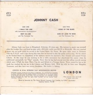 JOHNNY CASH EP: I WALK THE LINE,  3 AUSSIE LONDON EZA 1120 C=EX,  V=NM/NM 1958 2
