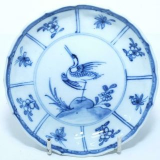 2 Good Chinese 18th C Blue & White Kangxi Saucer Dish Plate Crane Bird