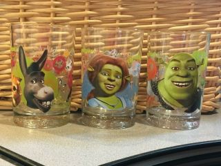 3 Shrek The Third Movie Collectible Mcdonalds Glasses Shrek,  Fiona,  Donkey 2007