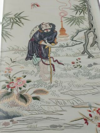 Vtg Antique Chinese Silk Embroidery Textile Panel Elder With Bottle,  Cranes,  Bat