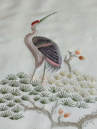 Vtg Antique Chinese Silk Embroidery Textile Panel elder with bottle,  cranes,  bat 3