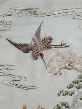 Vtg Antique Chinese Silk Embroidery Textile Panel elder with bottle,  cranes,  bat 4