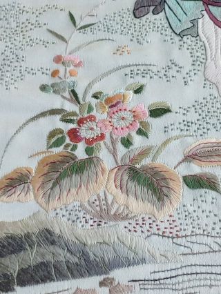 Vtg Antique Chinese Silk Embroidery Textile Panel elder with bottle,  cranes,  bat 5