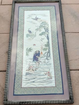 Vtg Antique Chinese Silk Embroidery Textile Panel elder with bottle,  cranes,  bat 7