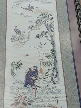 Vtg Antique Chinese Silk Embroidery Textile Panel elder with bottle,  cranes,  bat 8