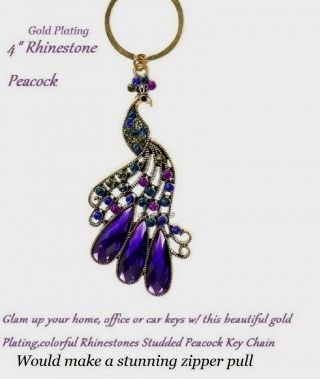 Good Quality 5 " Gold Plating Crystal Rhinestone Peacock Key Chain Zipper Pull