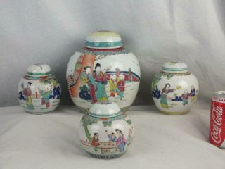 Four Antique Chinese Porcelain Famille Rose Figures Jars And Covers