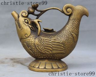 Mark Old Chinese Bronze Auspicious Arowana Fish Lotus Statue Wine Tea Pot Flagon