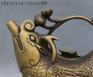 mark old Chinese bronze auspicious Arowana fish lotus statue Wine Tea Pot Flagon 2