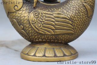 mark old Chinese bronze auspicious Arowana fish lotus statue Wine Tea Pot Flagon 3