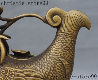mark old Chinese bronze auspicious Arowana fish lotus statue Wine Tea Pot Flagon 4