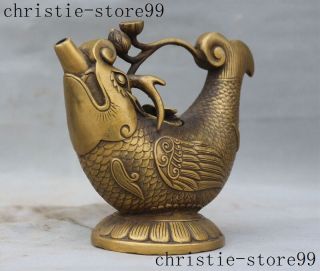 mark old Chinese bronze auspicious Arowana fish lotus statue Wine Tea Pot Flagon 5