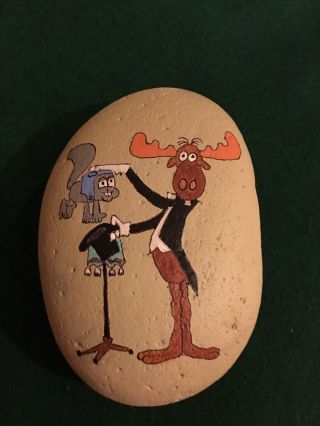 Hand Painted Rock Cartoon Characters Bullwinkle Pulling Rocky Our Of Hat