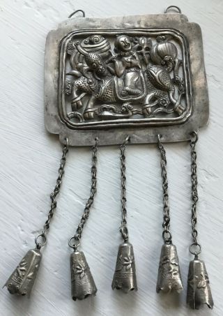 Vintage Antique China Chinese Silver Qilin Necklace Carved Dangles Lively