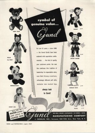 1949 Paper Ad Gund Stuffed Toy Animals Danny Walt Disney Pluto Honey Lou Doll,