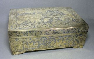 Antique Metal Chinese Box Intricately Engraved W/ Flowers,  Birds,  Battle Scenes