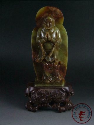 Large Old Chinese Celadon Nephrite Jade Carved Statue Buddha W/ Big Bag