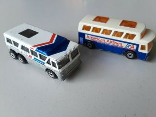 2 Vintage Buses : 1979 Hot Wheels Greyhound Bus,  1977 American Airlines Bus