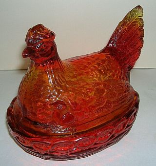 Vintage Le Smith Glass Chicken Hen On Nest W/ Chicks Covered Candy Dish Amberina