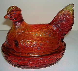 Vintage LE Smith Glass Chicken Hen On Nest w/ Chicks Covered Candy Dish Amberina 2
