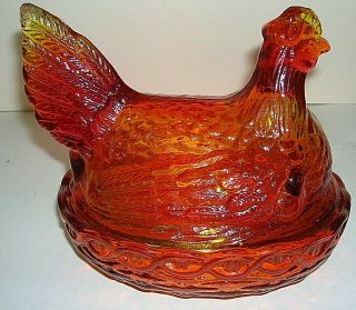 Vintage LE Smith Glass Chicken Hen On Nest w/ Chicks Covered Candy Dish Amberina 3
