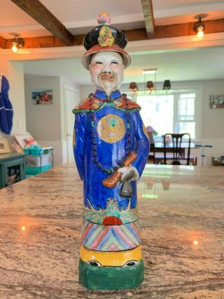 Fine Large Chinese Porcelain Statue Of An Emperor Figure In Famille Rose & Signe