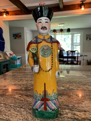 Fine Large Chinese Porcelain Statue Of An Emperor Figure In Famille Rose Signed