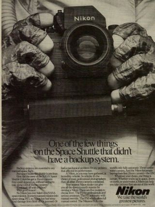 1981 Nikon Nasa Space Shuttle Columbia 35mm Camera Astronaut Suit Print Ad