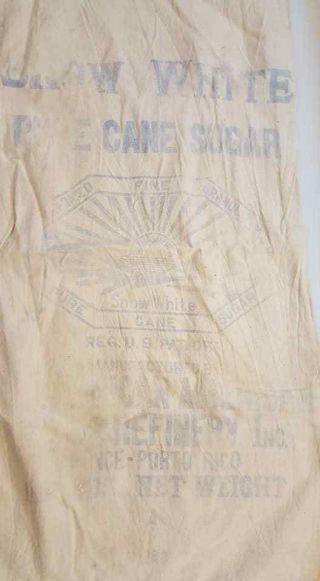 LARGE VINTAGE 100 LB CLOTH BAG / SNOW WHITE SUGAR / PUERTO RICO / 1930 ' s 2