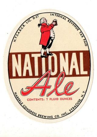 1930s Haberle Congress Brewing,  Syracuse,  York National Ale Irtp 7 Oz Label