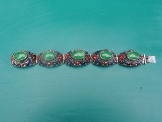 Large Vintage Chinese Export Enamel Green Stone Bracelet Vintage Jewellery