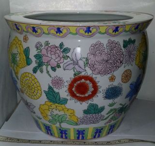 Large Chinese Porcelain Koi Fish Bowl Jardiniere Planter Pot 11 " Tall 13.  75 " Dia